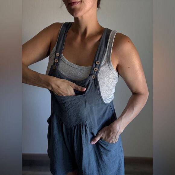 Romper Overalls Adjustable Boho Rayon Linen Blue Gray Medium - Picture 2 of 12
